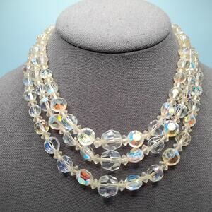 Vintage 1950s Aurora Borealis Crystal Three-Strand Necklace - 16 Inches